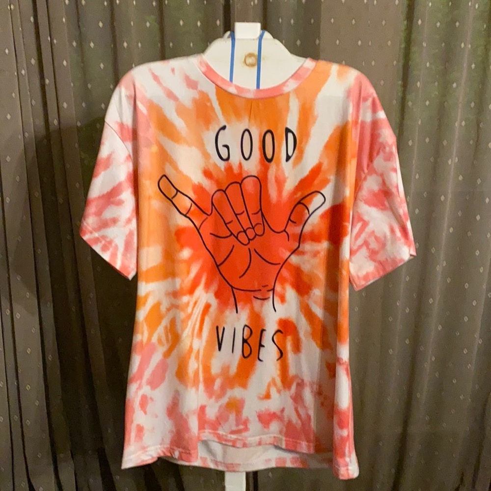 Shein top size medium orange tie dye print  with “GOOD VIBES”
